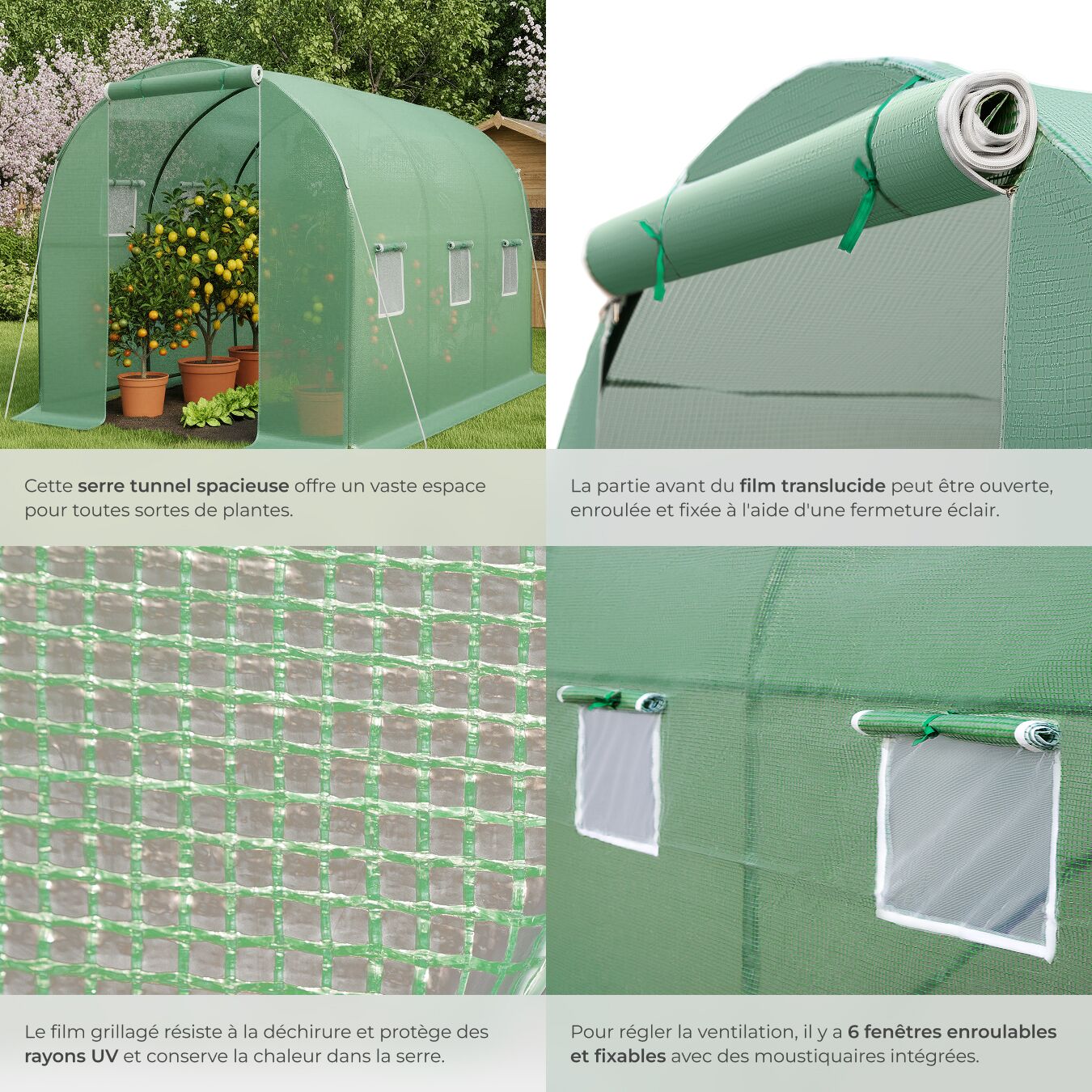 Serre tunnel en plastique 7 m² 343 x 200 x 200 cm avec cordes et piquets inclus TECTAKE - 5