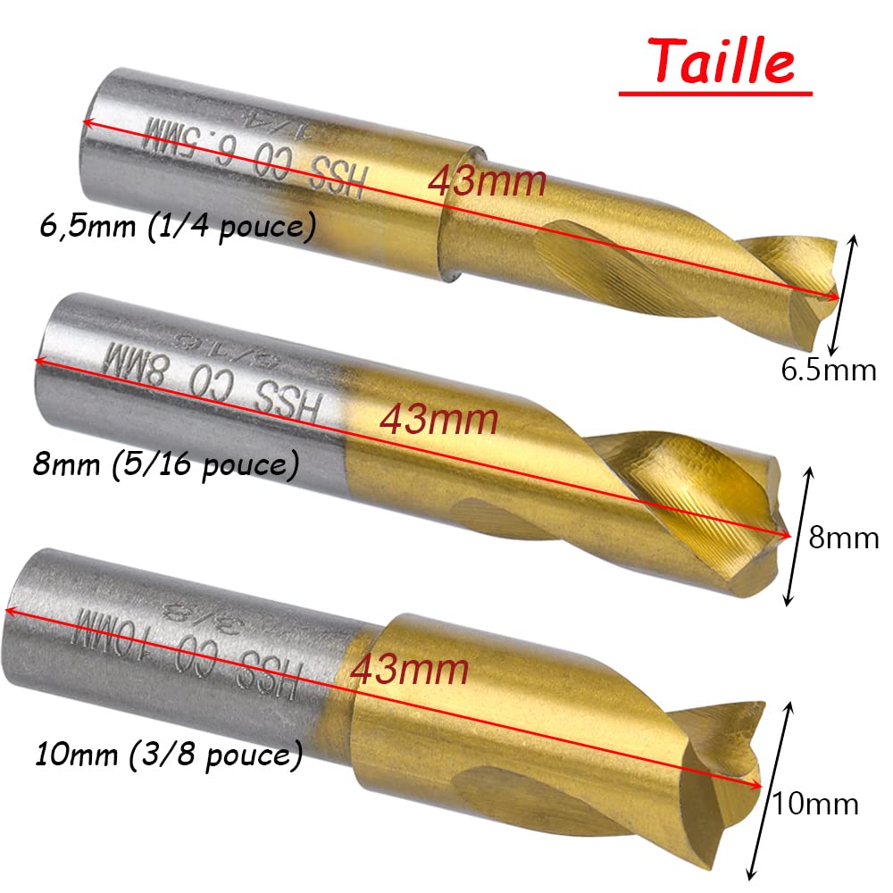 Lot De 3 Forets à Souder Point HSS Cobalt - 6.5mm/8mm/10mm - Pour Tôle Acier Inox - Revêtement Titane