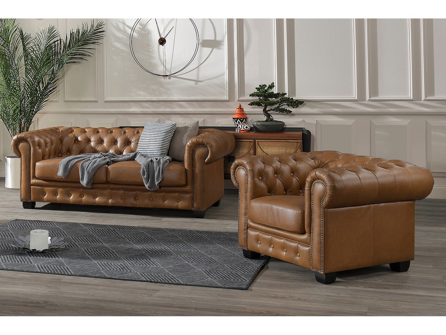 Komplet wypoczynkowy typu chesterfield 3+1BRENTON 100% skóry bawolej - Kolor: karmelowy vintage