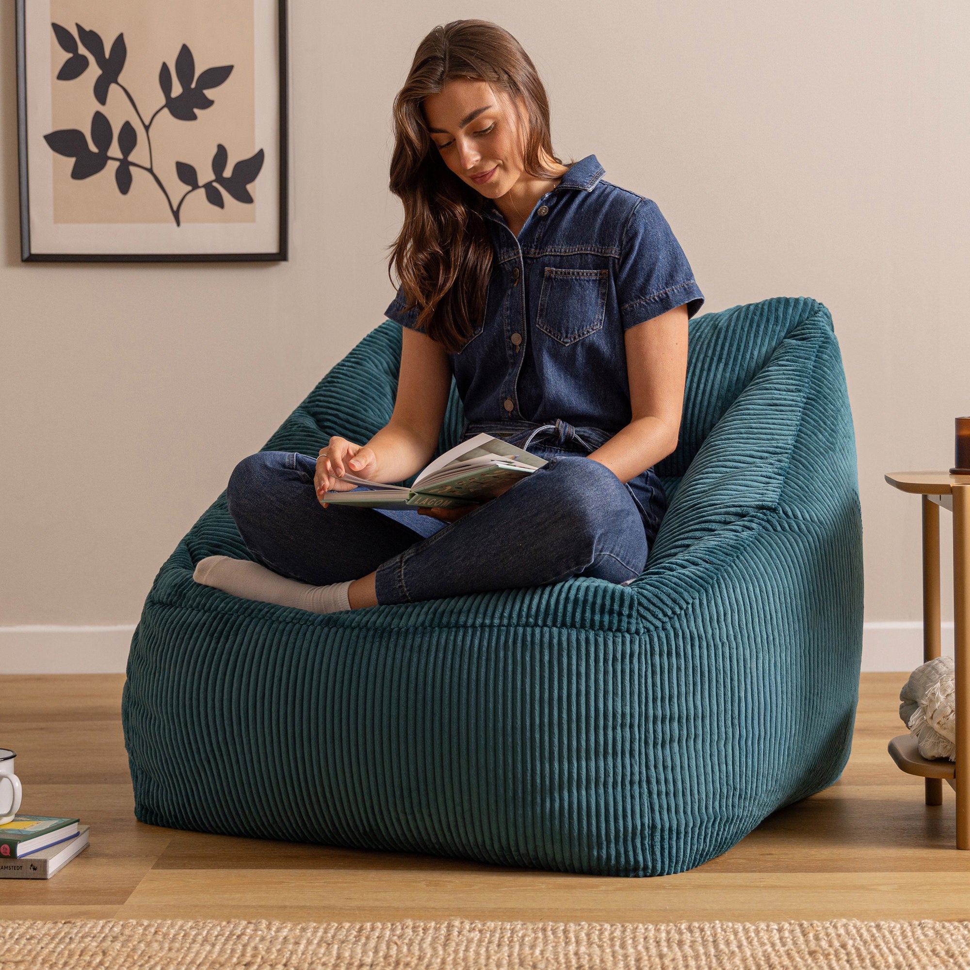 Pouf fauteuil Icon velours côtelé bleu canard, salon, chambre, 97x84cm Oeko-Tex® - 3