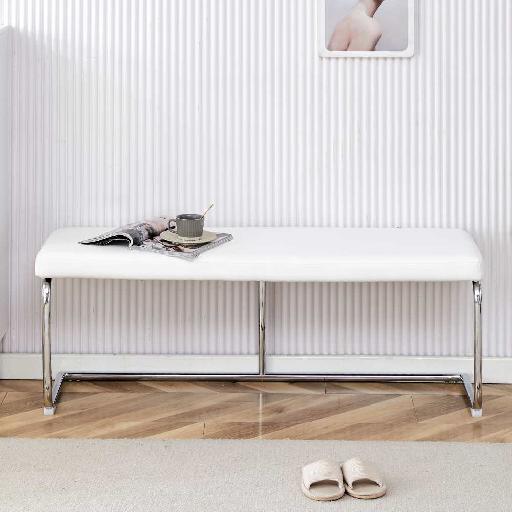 Panca contenitore moderna con schienale, seduta in PU e 3 ante contenitore, gambe in metallo, bianco Panca contenitore moderna con schienale, seduta in PU e 3 ante contenitore, gambe in metallo, bianco