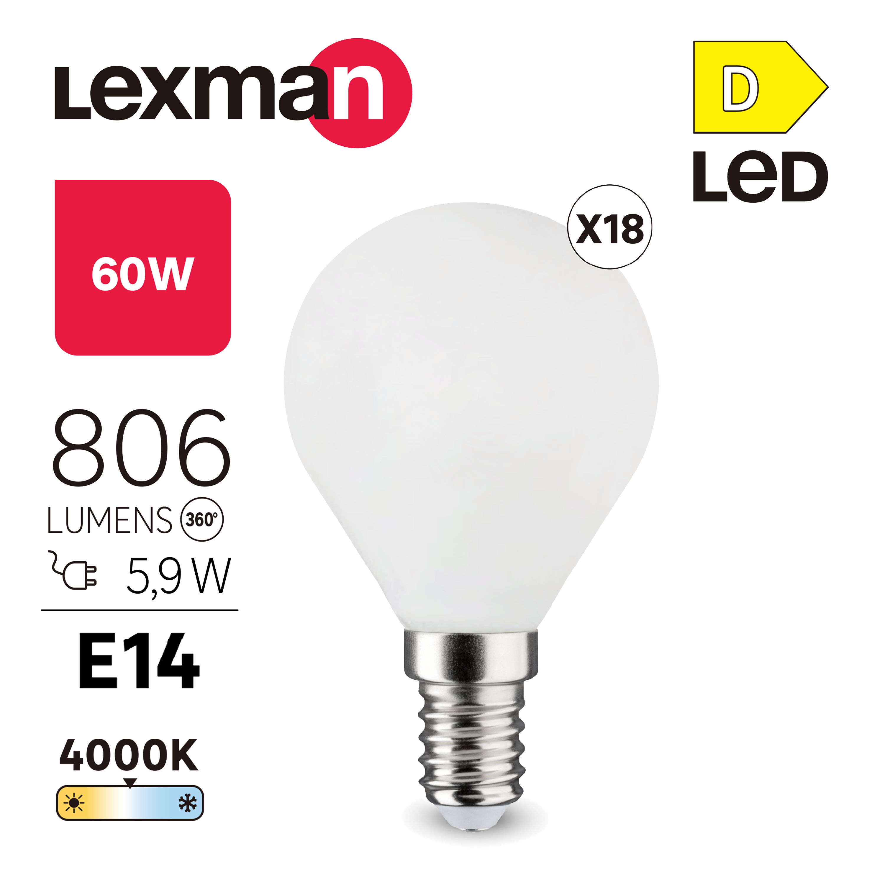 LEXMAN - Opakowanie 18 żarówek LED nieprzezroczystych - E14 - 806LM - 5,9 W, co odpowiada 60 W - Ø 45 mm - 4000 K - Naturalna biel - 8
