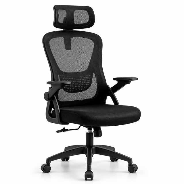 Cadeira de escritório ergonómica com apoio de cabeça ajustável, suporte lombar e encosto em rede respirável