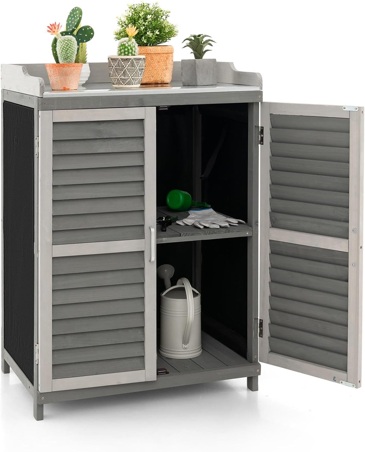 Altana Ogrodowa z Drewna Świerkowego, Szafka do Przechowywania 67 x 46 x 99,5 cm, z Metalową Półką i Podwójnymi Drzwiami z Żaluzjami