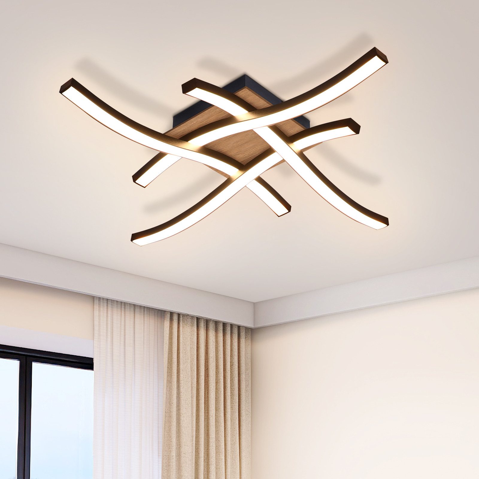 ZMH Czarna lampa sufitowa LED z falami drewna do salonu, nowoczesna, ciepła, biała lampa sufitowa