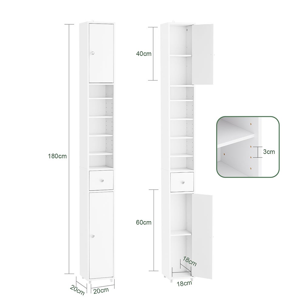 Colonne de Salle de Bain Étroite, Meuble Rangement Vertical 180cm, 4 Étagères Réglables et 1 Tiroir, Blanc, 20x20x180cm - 3