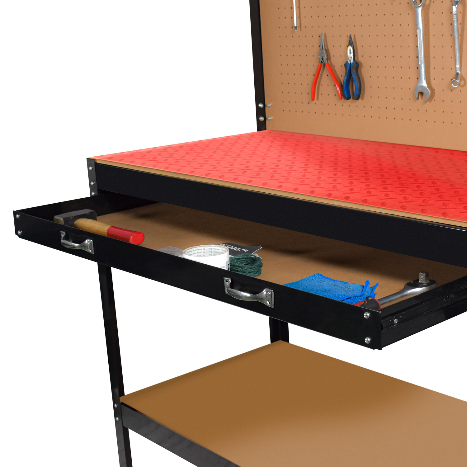 Banco de ferramentas metálico com parede e gavetas para oficina 120x60cm + 2 gavetas e 2 prateleiras para ferramentas + tapete - 2