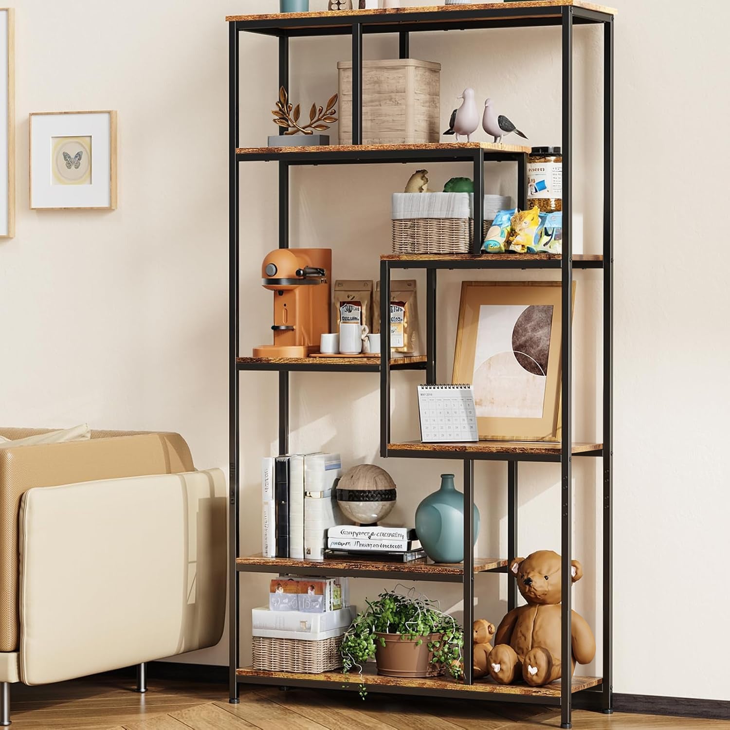 Bibliothèque Prateleira de Organização 7 Níveis Estrutura em Metal Pés Ajustáveis 100 x 30 x 180 cm Marrom Bealife - 5