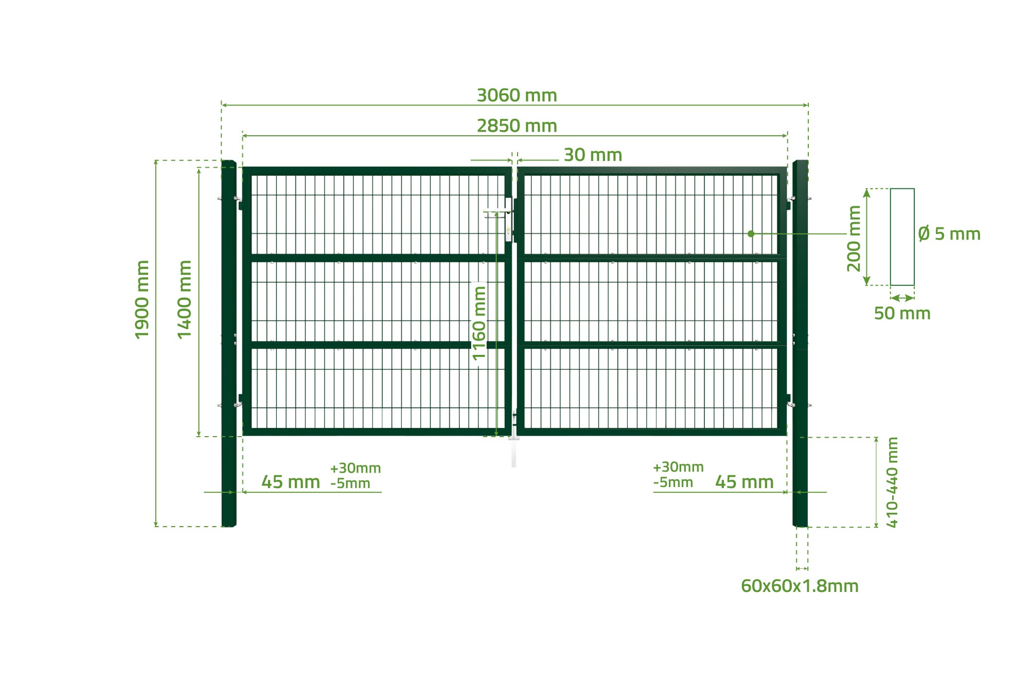 Portail battant grillagé 3m RAZO H.140cm Vert - 4