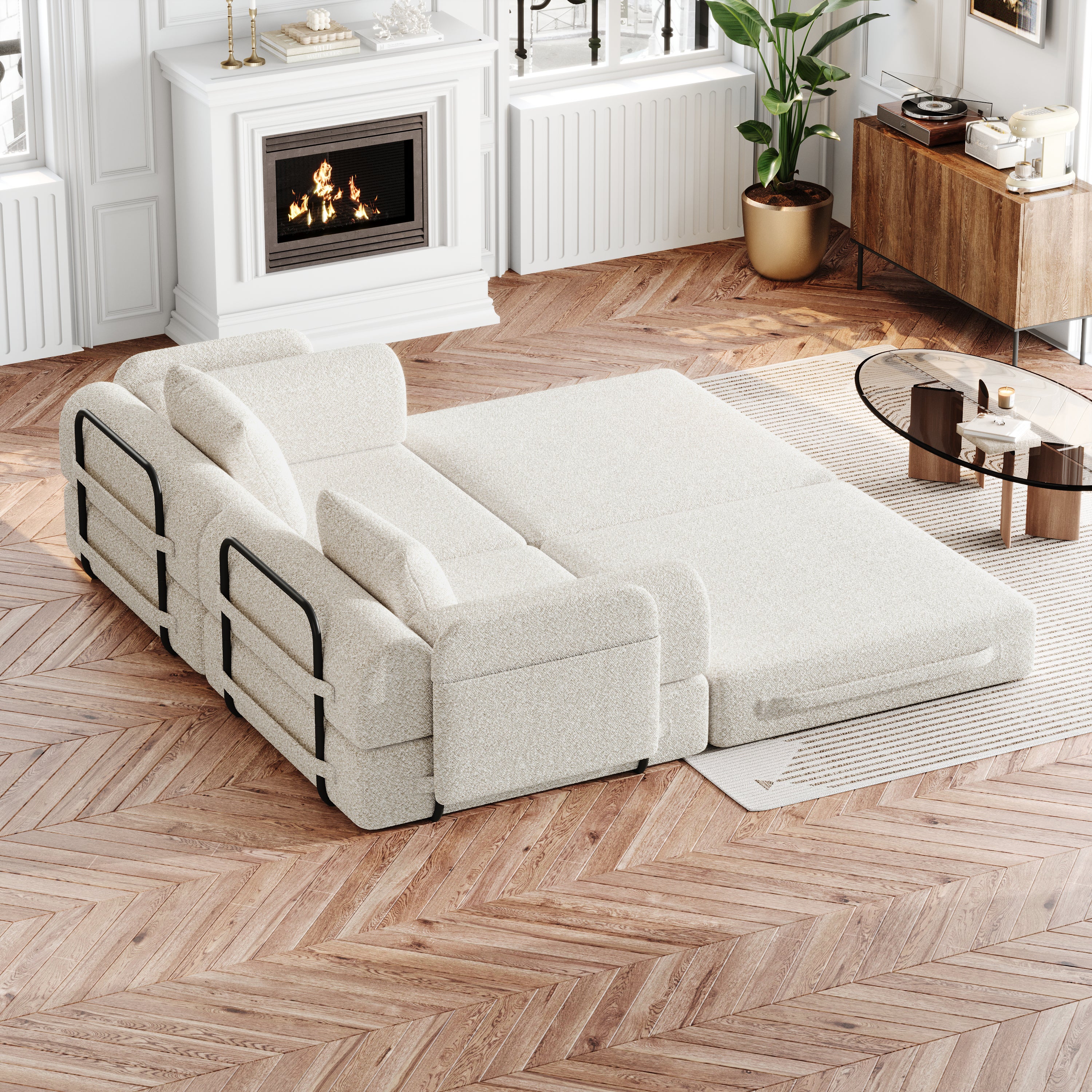 Canapé convertible 2-en-1, 2 places, design breveté, rangement accoudoir, 3 cadres métal, configurations multiples, chenille, Beige, 183x91x70 cm - 5