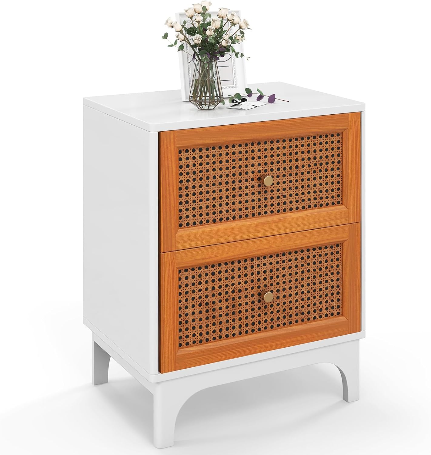 Comodino Bohémien Con Cassetti In Rattan – Legno E Ferro, 39x30x54 Cm