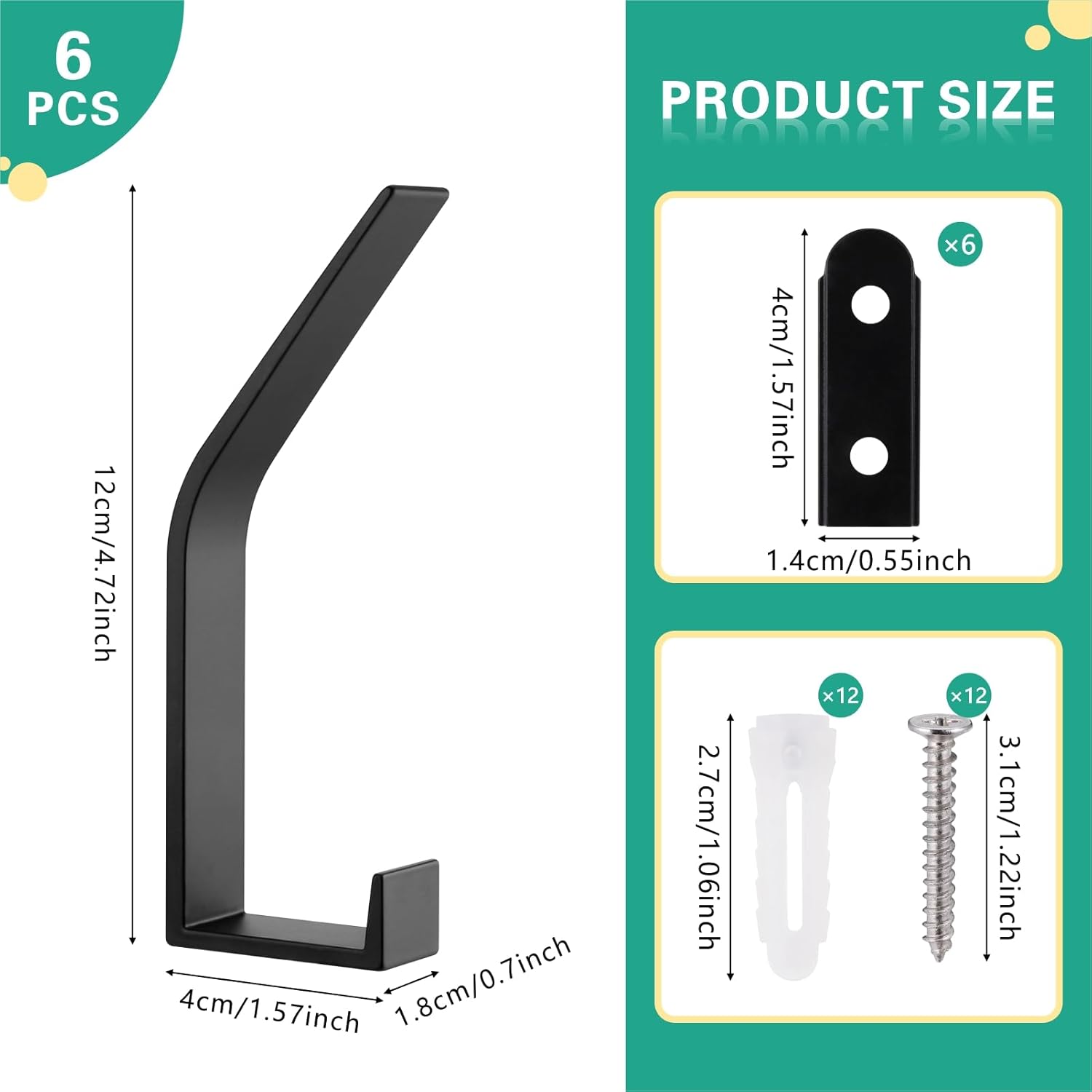 6 Ganci Appendiabiti Da Parete In Alluminio – Design Doppio, Viti Invisibili, Carico Max 50 Lb – Nero