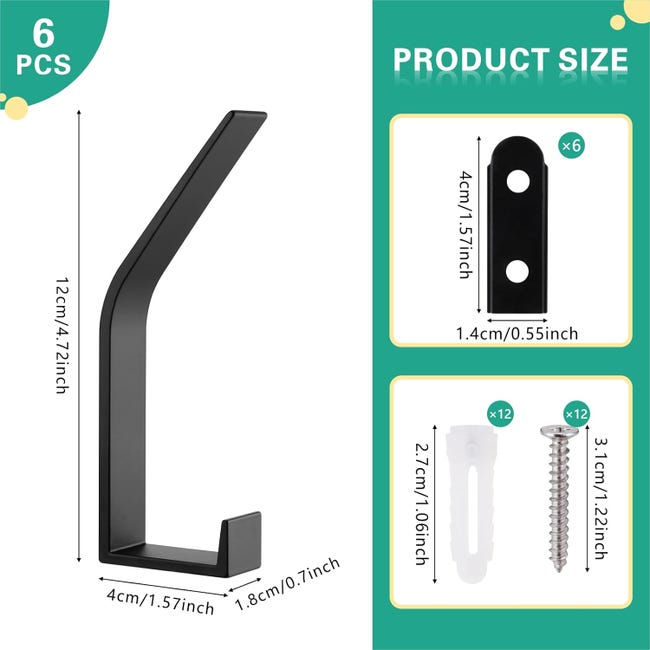 6 Ganci Appendiabiti Da Parete In Alluminio – Design Doppio, Viti Invisibili, Carico Max 50 Lb – Nero