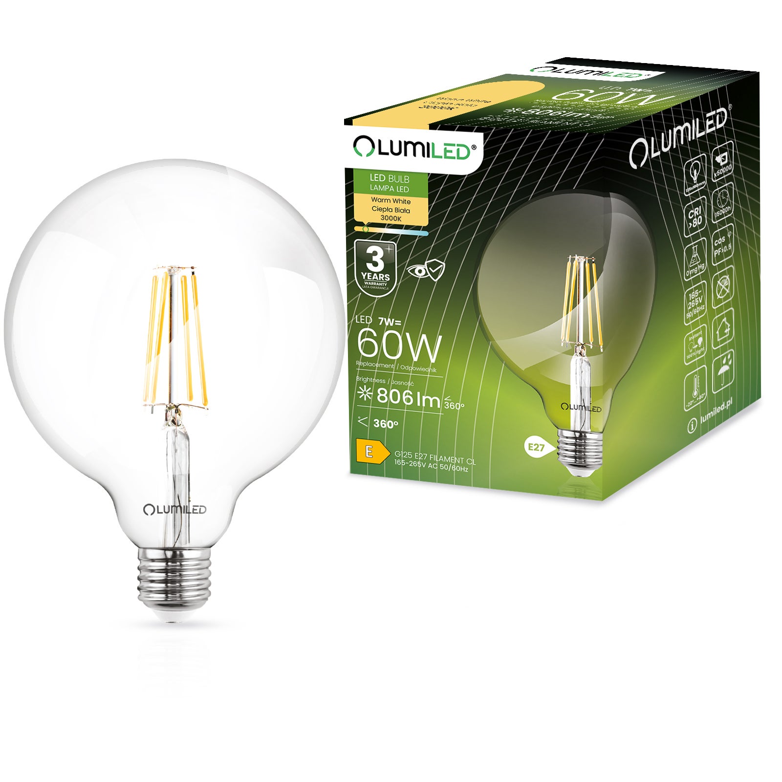 Żarówka LED Lumiled E27 Kula G125 7W 806lm 3000K Ciepła biel 360st Filament 1 szt.