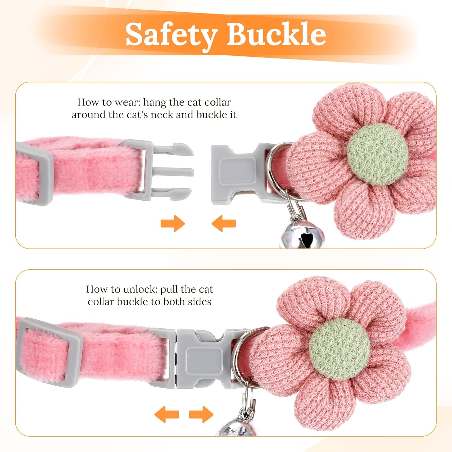 Coleira para gatos com sino, estampa floral para animais de pequeno porte, coleira para gatos, cachorros e coelhos (rosa, bege) - 2