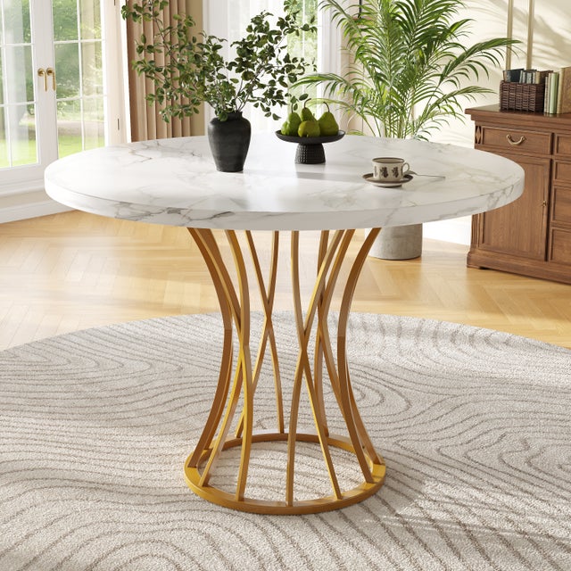 Mesa de comedor redonda para 4 a 6 personas - Pr 80 x Al 76 cm - Tablero de MDF jaspeado y patas de metal dorado - Blanco + oro