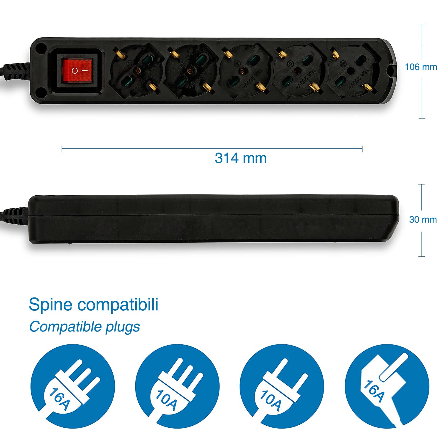 Multiprise italienne 5 schuko + 10/16A. Avec interrupteur, câble 1m et fiche 16A - 7
