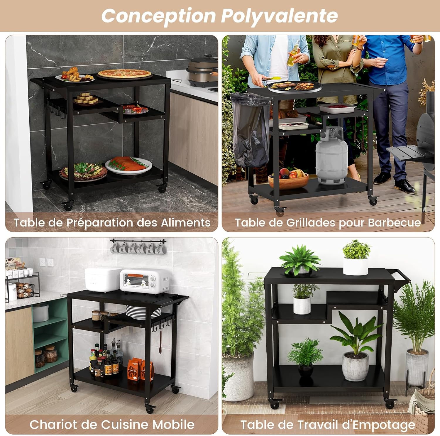 Carrello Barbecue da Esterno, Carrello BBQ Portatile con 3 Ripiani, 4 Ruote Bloccabili, Ganci, Maniglia Laterale, per Cucina Giardino - 7