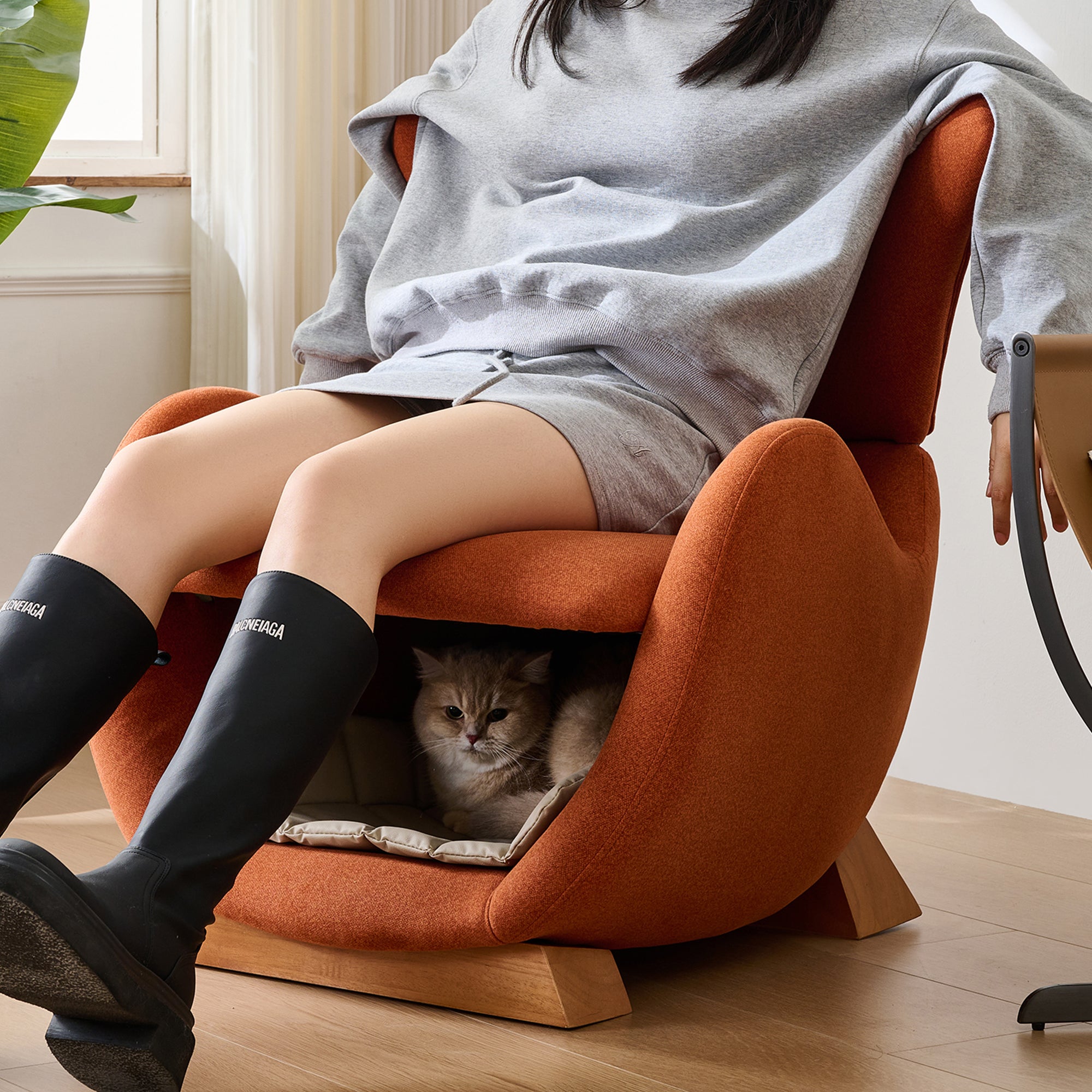 Fauteuil lounge avec 1 niche pour chat - 66 x 69 x 76 cm - Tissu anti-griffures et bois - Rouge brique - 7