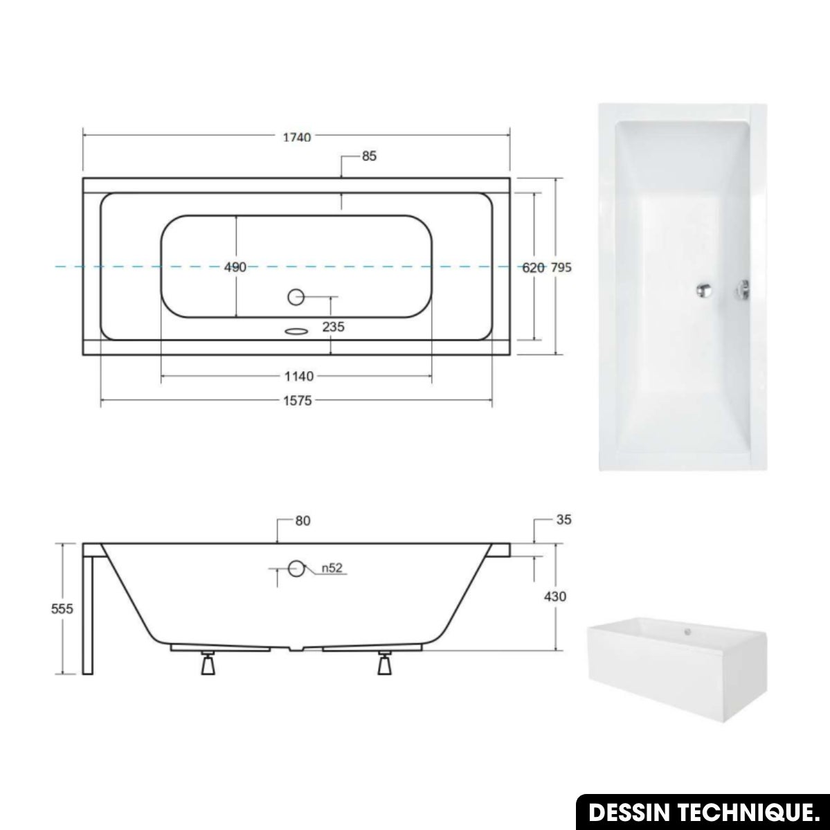 Baignoire rectangulaire - avec Tablier Blanc et Repose Tête OFFERT | QUADRO | 175x80 - 5