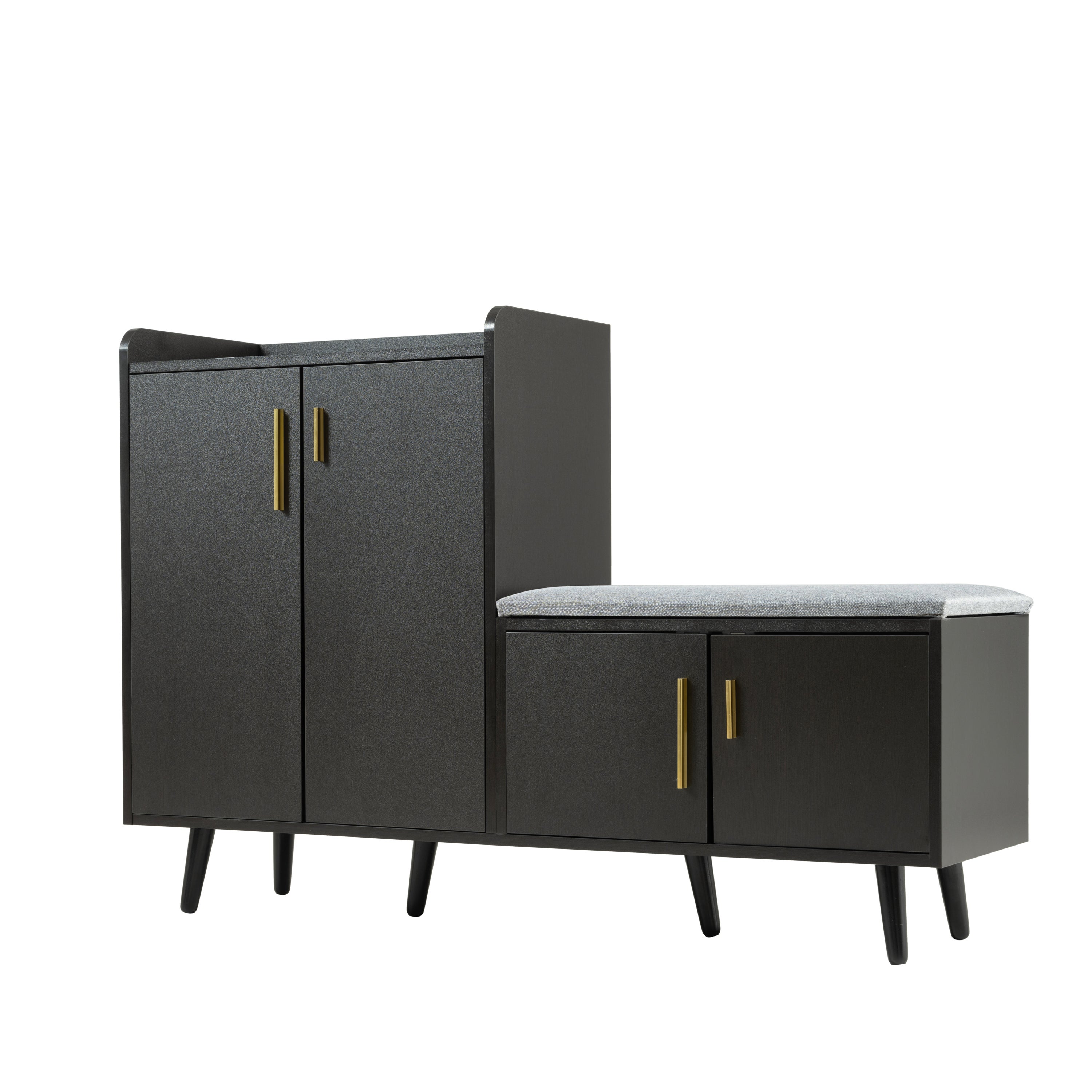 Banc à chaussures moderne avec 4 portes et coussin - pièds et poignées en métal - coloris noir - 120 x 34 x 82 cm - 6