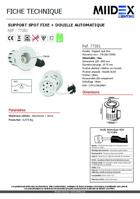 Support spot BBC rond fixe - Blanc - IP65 - Ø90mm - Douille automatique - 8