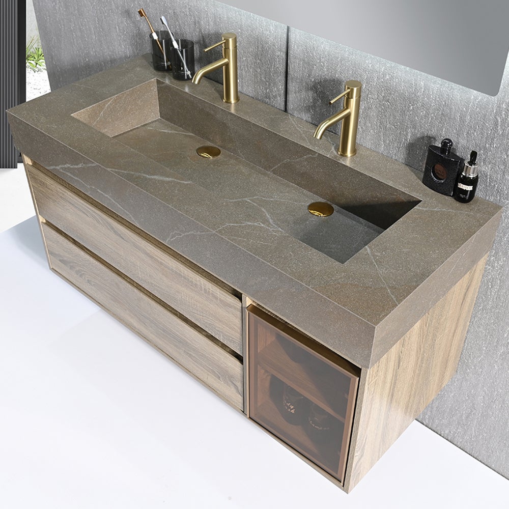 Meuble salle de bain double vasque 120cm bois et effet marbre marron avec miroir LED LB-8512M-120 - 3