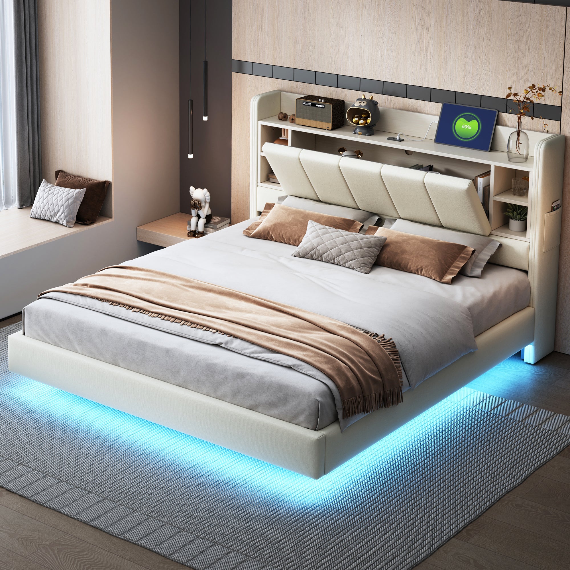 Letto Contenitore Con LED E USB: 4 Cassetti, Testiera Imbottita, 90x200 Cm, Grigio Lino (e Un Sacco Di Colori Per Le Luci)