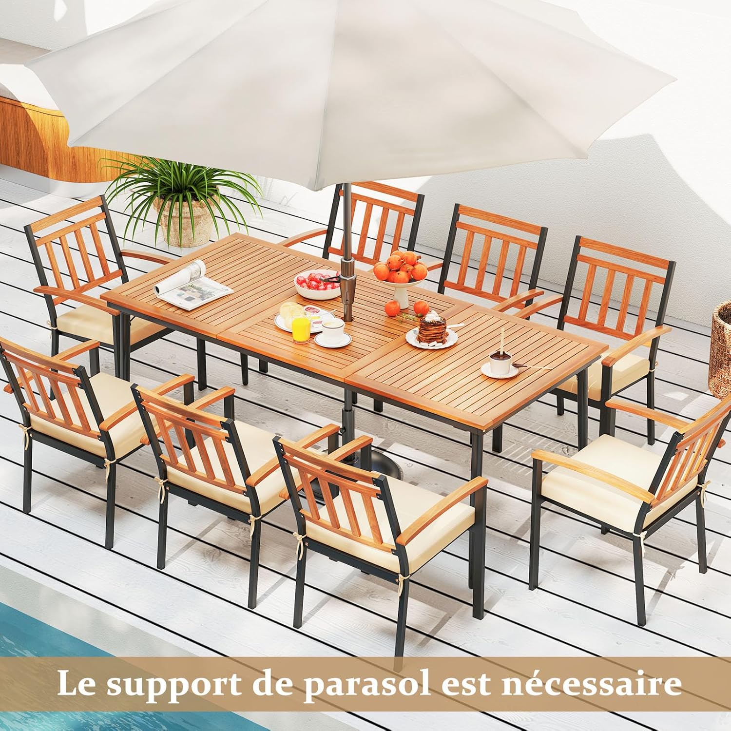Table de Salle à Manger Jardin 8 Personnes en Bois d'Acacia-FSC, Table de Jardin Exterieur avec Trou Parasol de 5 CM, Plateau à Lattes, 200 x 90 cm - 9