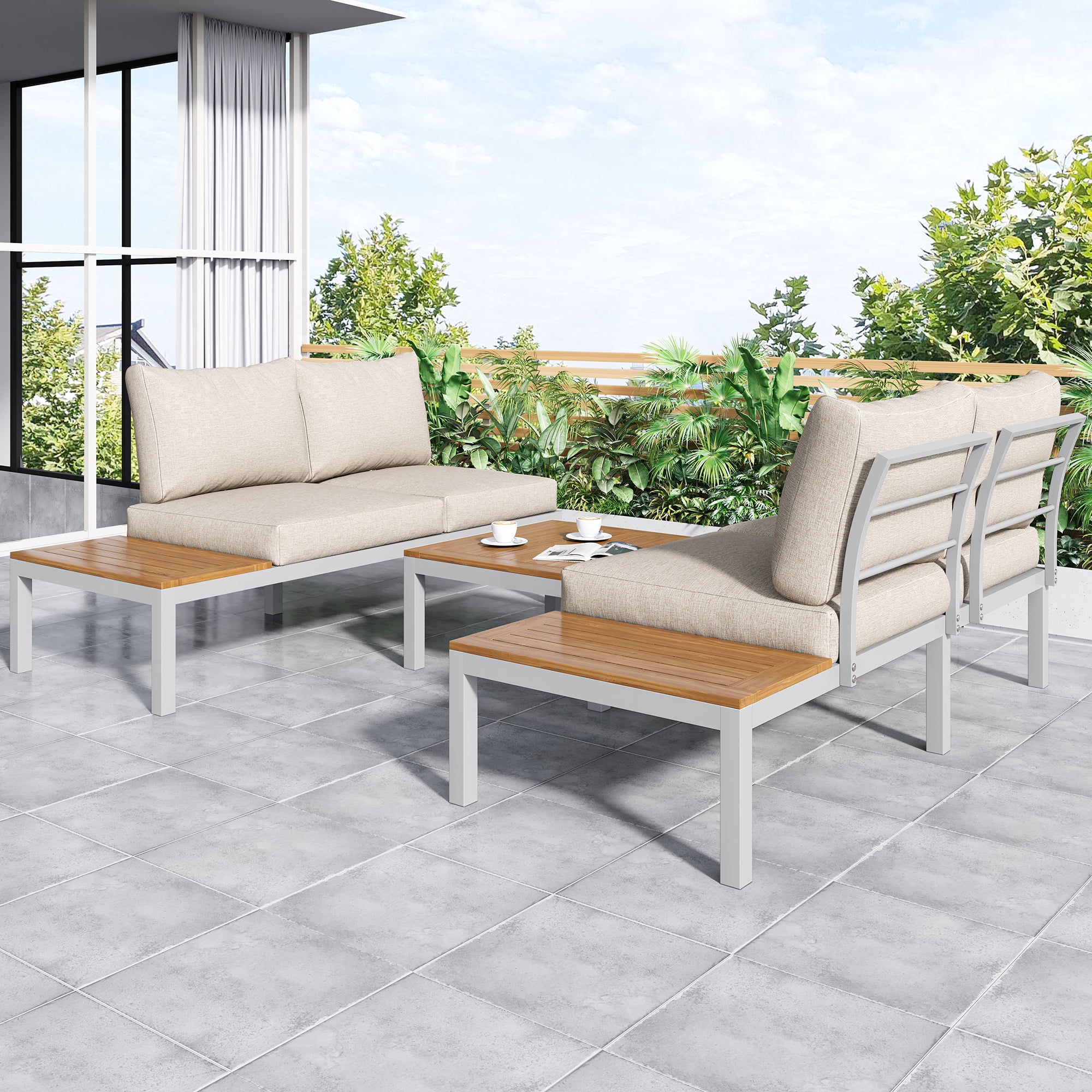 Salon de jardin modulable en bois d'acacia : 1 canapé d'angle + 2 table d'appoint + 1 table basse - Beige + marron - 4
