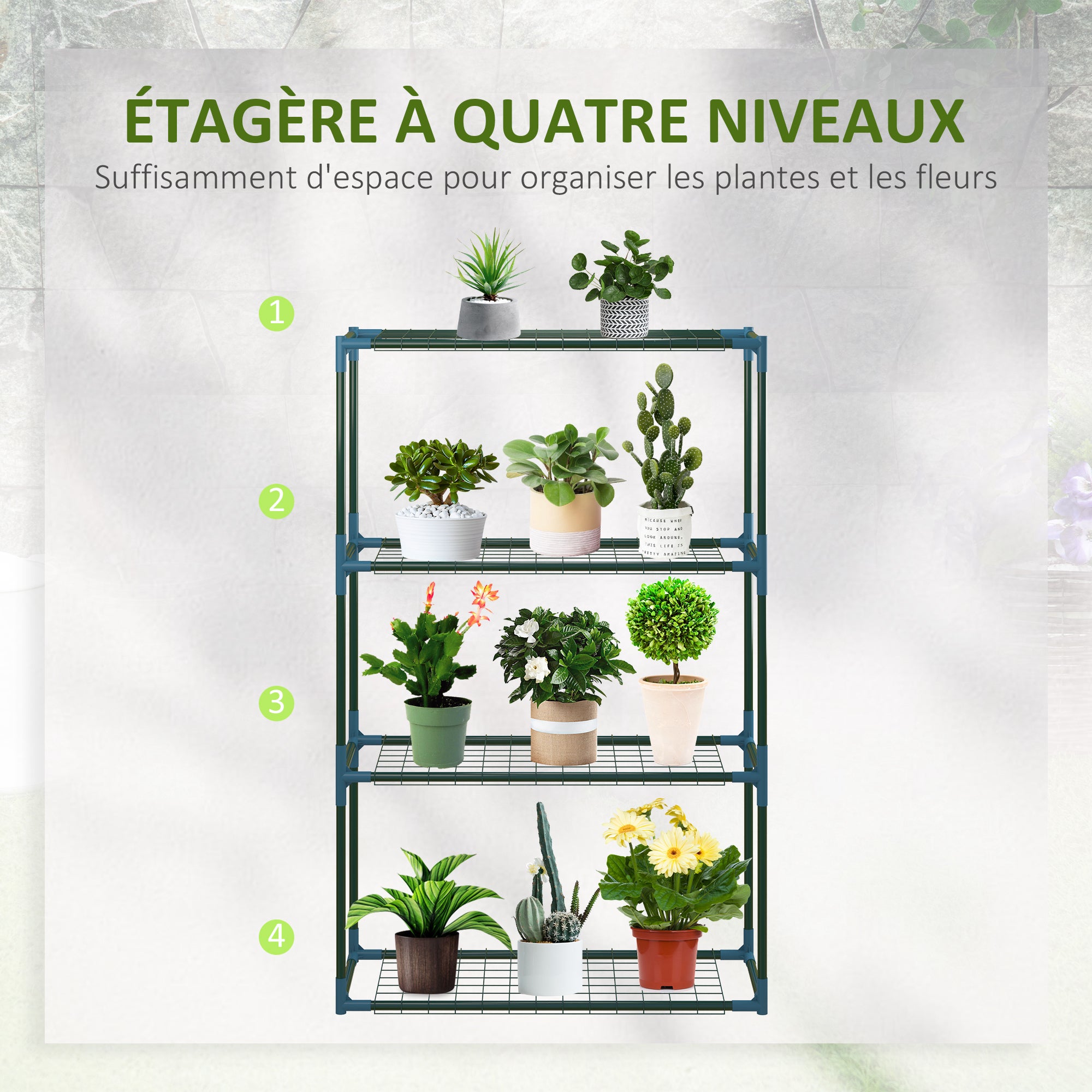 Lot de 2 Étagères à Fleurs en acier 4 Niveaux Intérieur et Extérieur. support de plantes 70 x 27 x 110 cm. vert - 7