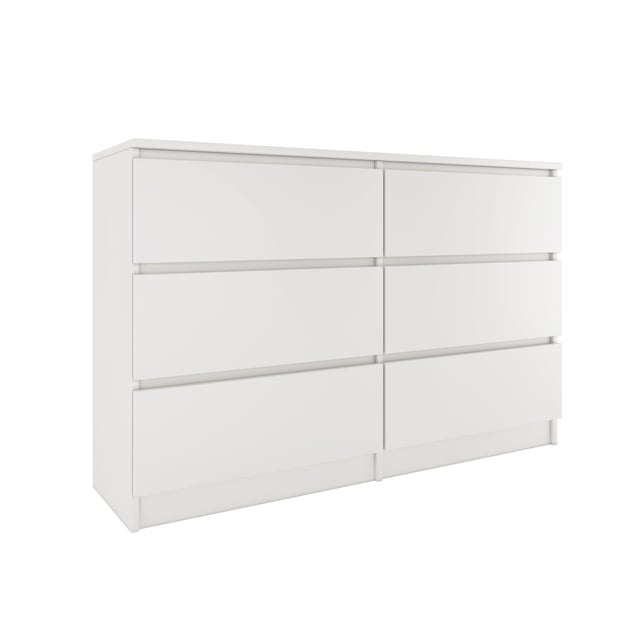 MILAN - Commode de chambre large 6 tiroirs - 30x120x77cm - Style scandinave - Rangement - Blanc