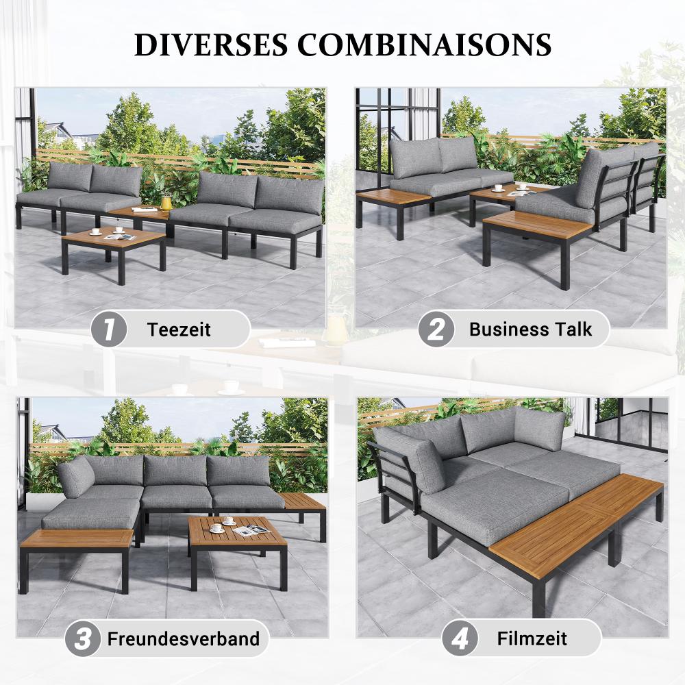Ensemble Lounge de Jardin avec Structure en Acier Galvanisé, 2 Canapés 2 Places, 2 Tables Basses, 1 Table, Plateau en Bois d'Acacia - 5