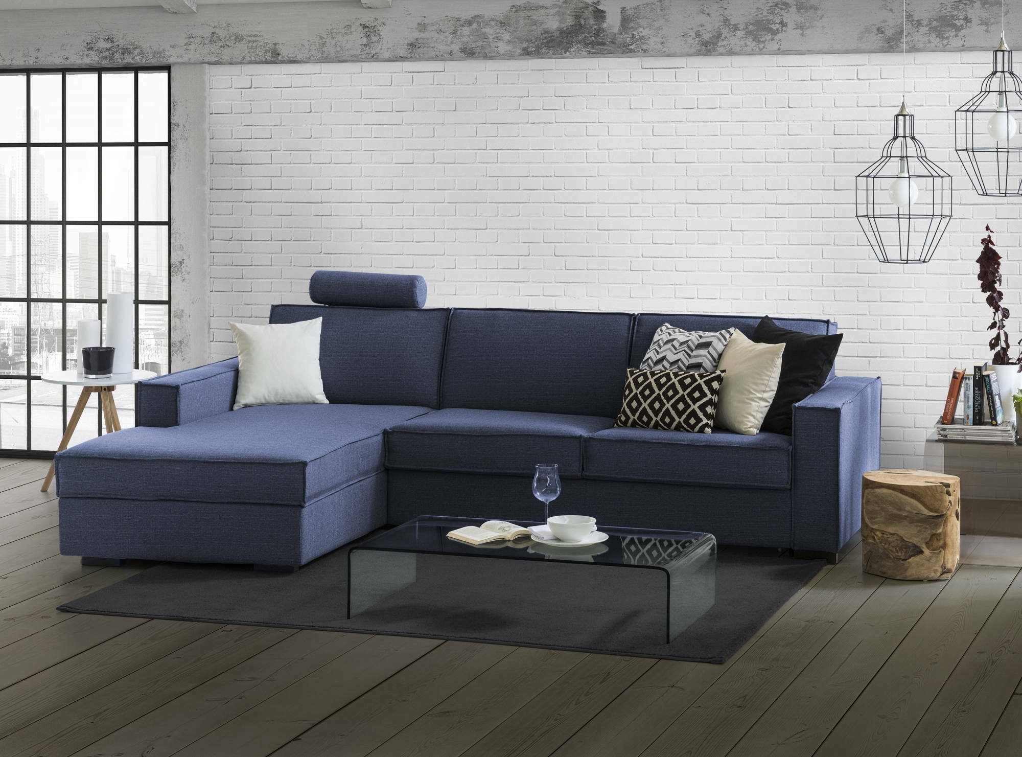 Sofá cama adima, sofá de esquina, sofá con apertura giratoria, península contenedor izquierda, con reposabrazos delgados, cm 260x95h90