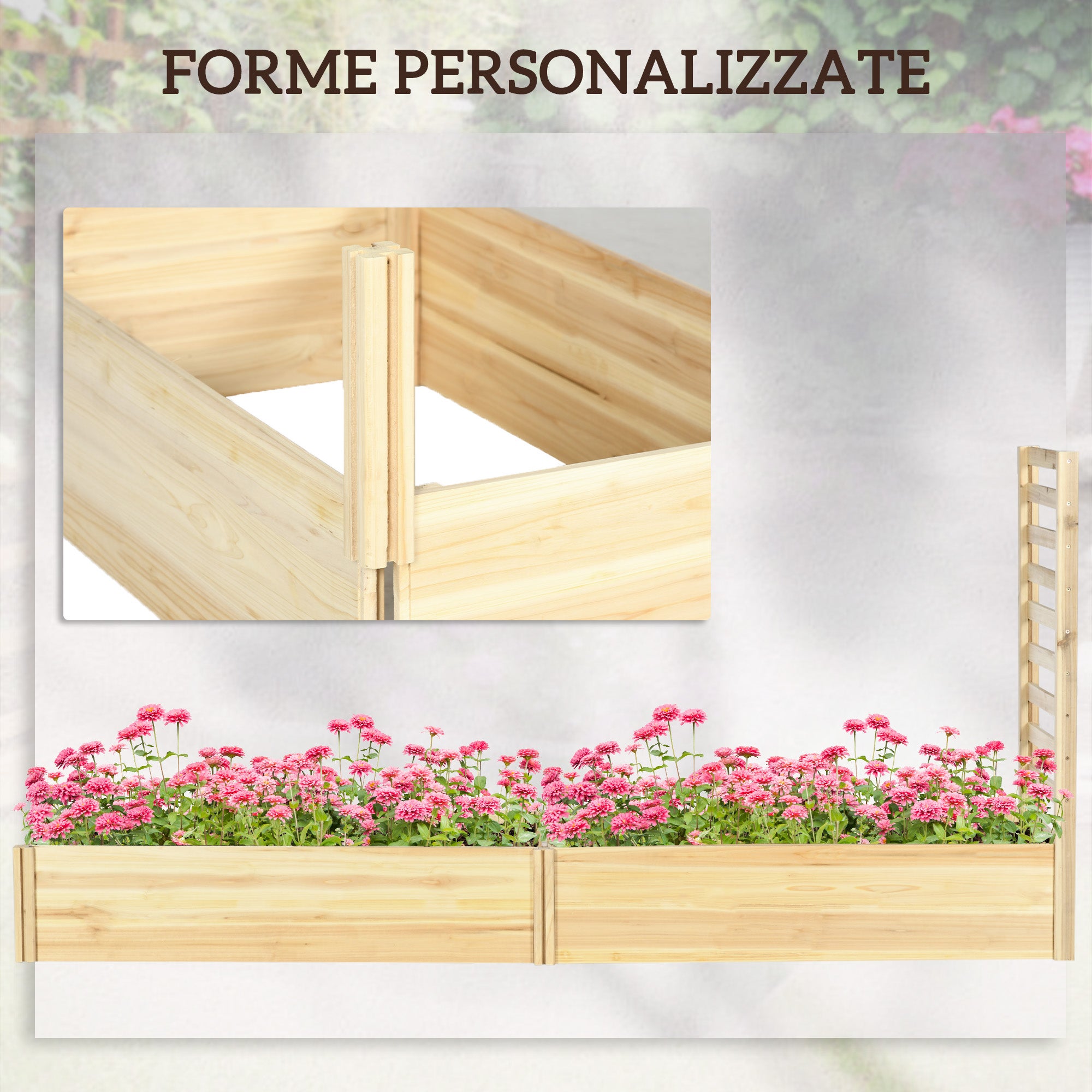 Carré potager surélevé avec treillis pour plantes grimpantes, bois de sapin, 230x60x110 cm, couleur bois - 9