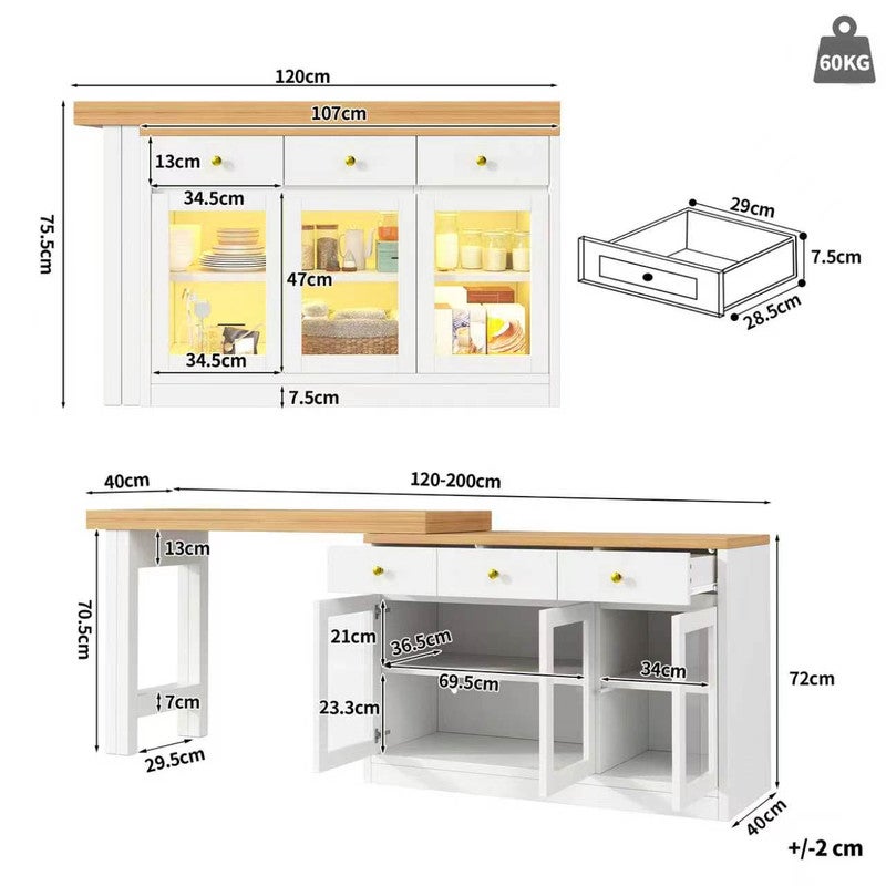 Îlot de cuisine moderne avec éclairage LED,Îlot de bar rétractable avec 3 tiroirs et portes vitrées,Chariot de cuisine multifonctionnel, Blanc - 4