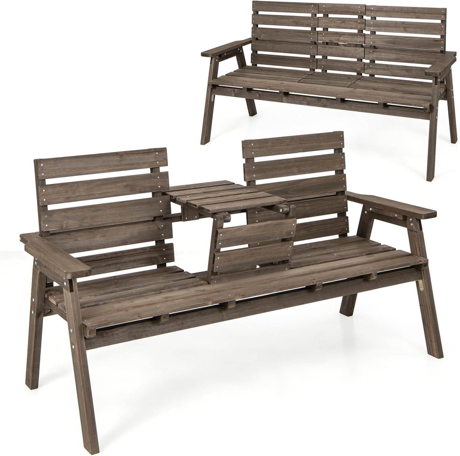 Ławka Ogrodowa dla 2-3 Osób, Drewniana Ławka z Listwami na Taras z Podłokietnikami i Oparciem, Wysuwany Stolik Centralny, Nośność 320 kg