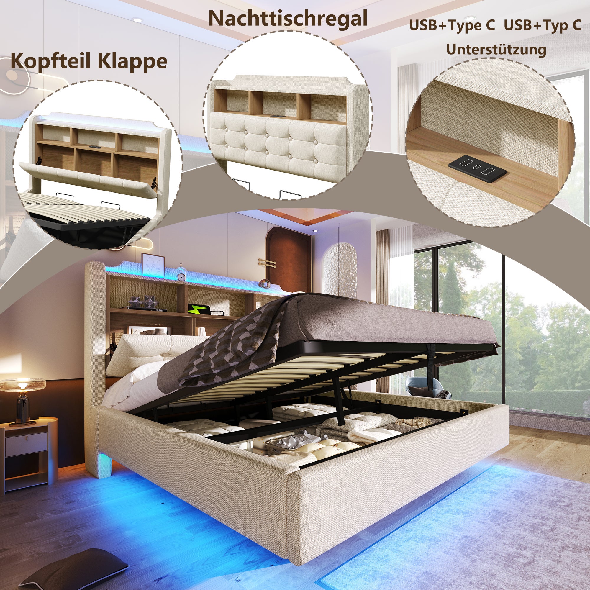 Łóżko z pojemnikiem na pościel 140 x 200 cm i zagłówkiem - Tkanina lniana - Diody LED - Porty USB i typu C - Beżowe (Materac nie jest dołączony) - 4