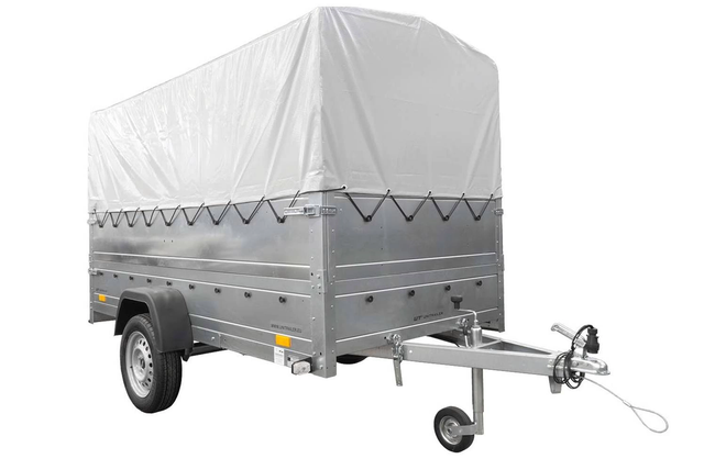 Przyczepka samochodowa Unitrailer na resorach 264x125 GARDEN 264/R KIPP z burtami BIS, stelażem H-800 i pokrowcem szarym 1 szt.