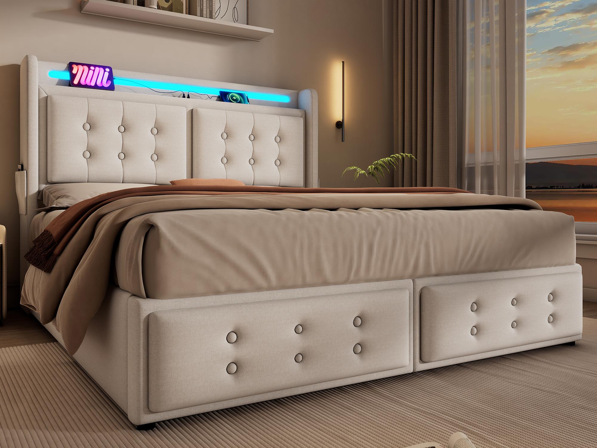 Łóżko skrzyniowe 140x200 cm z tkaniny lnianej - z diodami LED i portami ładowania - beżowe
