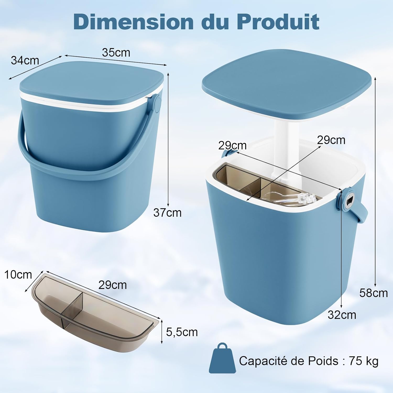 3 en 1 Table Glacière Extérieur 15 L, Table d'Appoint Patio avec Couvercle Rétractable, Compartiment, Ouvre-Bouteille et Pince Glace (Bleu) - 7
