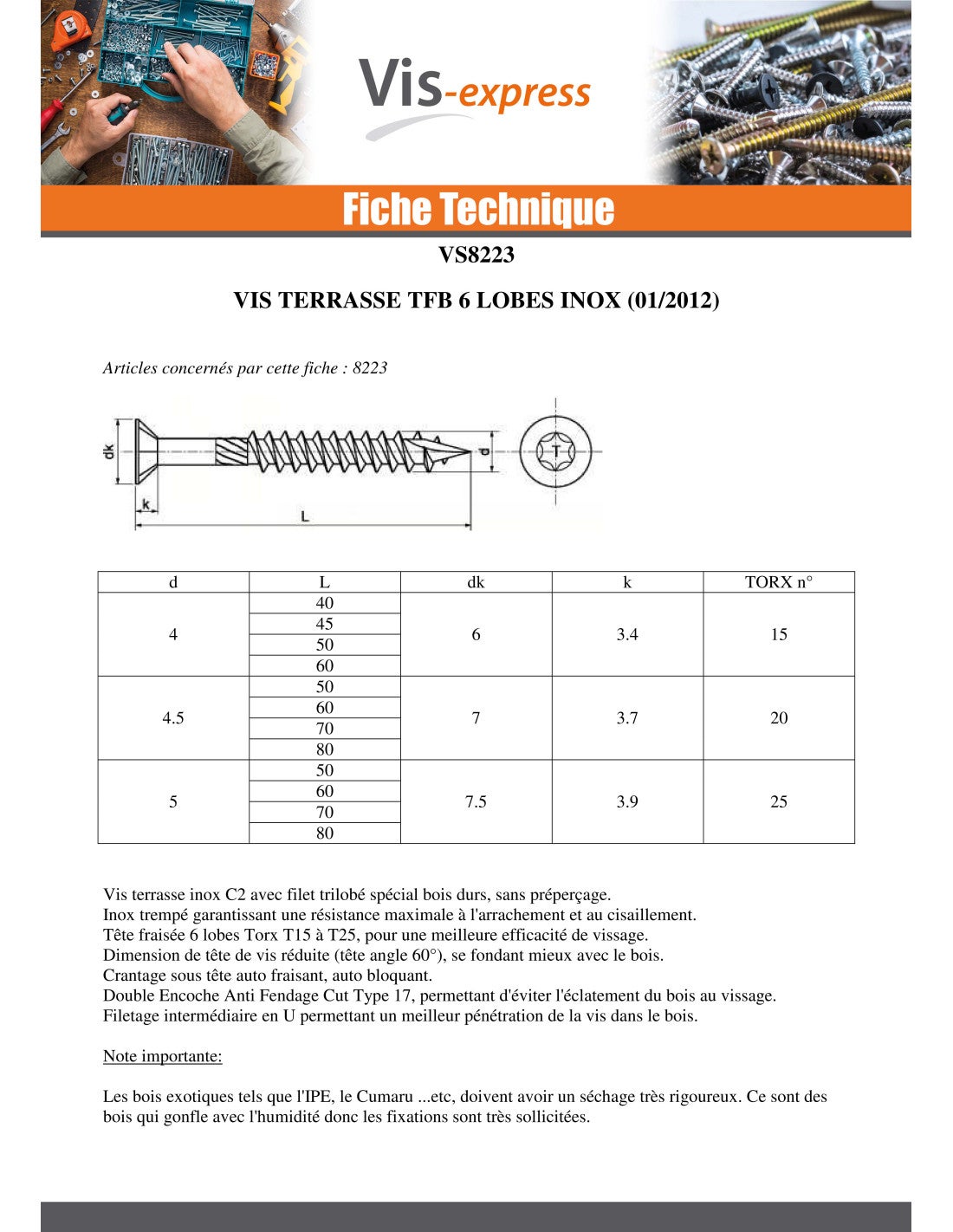 Vis DECK Tête fraisée bombée TFB TORX T20 4.5X60 Pointe antifendage type 17 Inox C2-10 pièces - 5