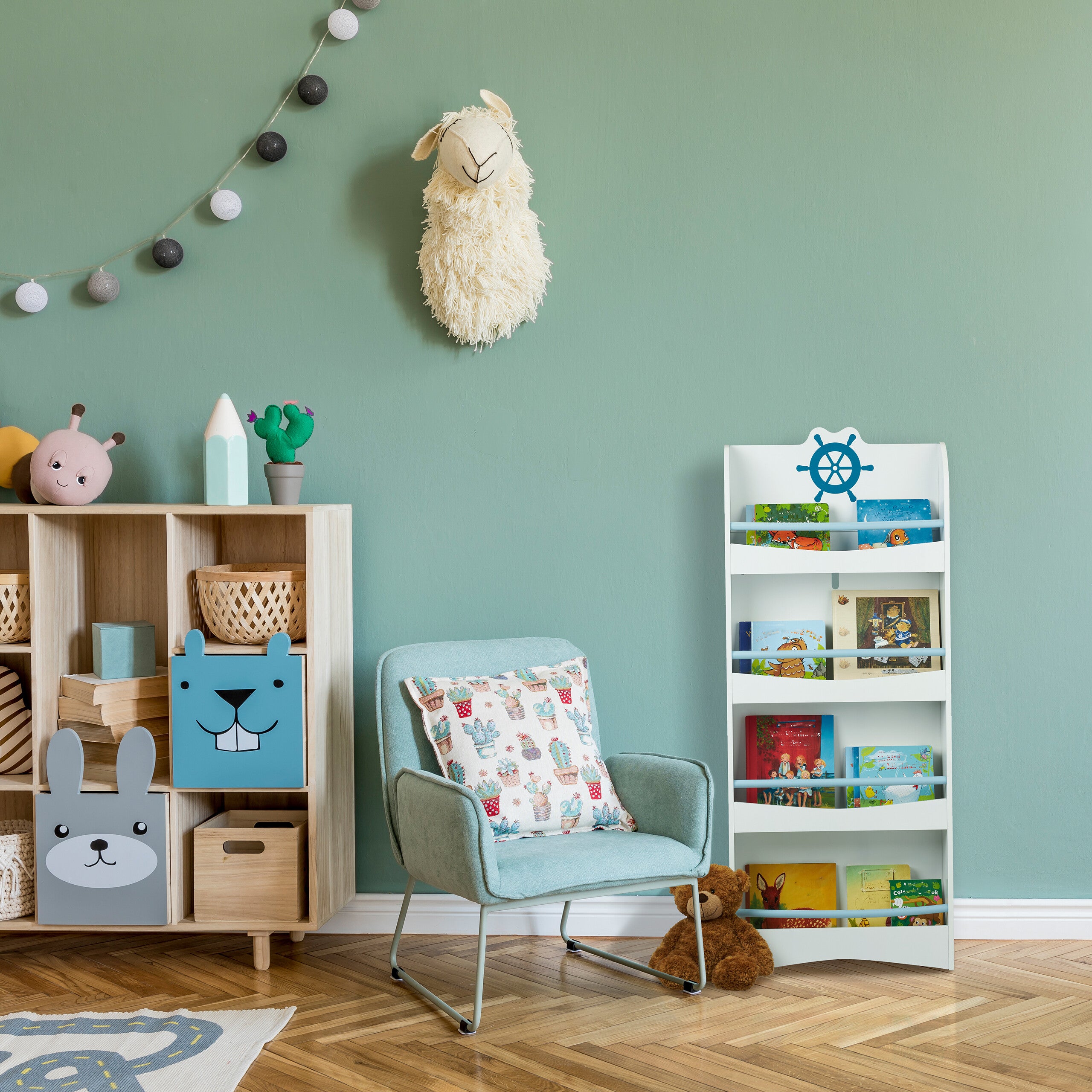 Relaxdays Libreria Bambini Con 3 Ripiani E Cesta Portagiochi - Organizzatore Cameretta 70x50,5x28 Cm Bianco Grigio - Foto 9