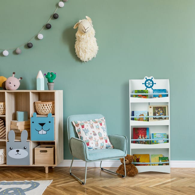 Relaxdays Libreria Bambini Con 3 Ripiani E Cesta Portagiochi - Organizzatore Cameretta 70x50,5x28 Cm Bianco Grigio - Foto 9