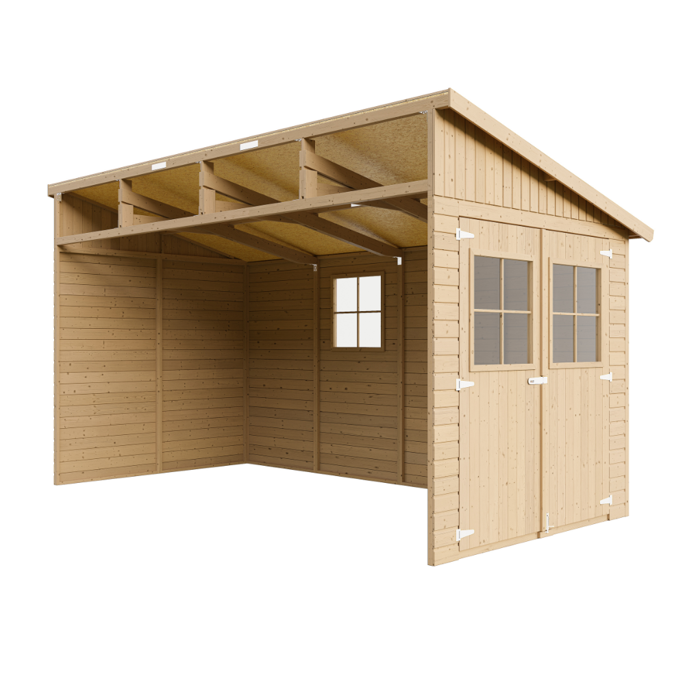 Abri de Jardin en Bois Naturel (sans paroi latérale)- Stockage extérieur avec fenêtres- H243x216x416 cm/8 m2, hangar en bois naturel - TIMBELA M340 - 3