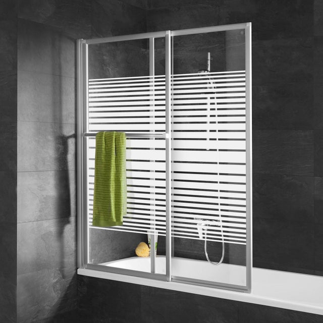 Pare-baignoire coulissant sérigraphié alu-argenté, H.140 x l.70-118 cm SCHULTE, paroi de baignoire extensible, 3 mm réversible, bandes transversales