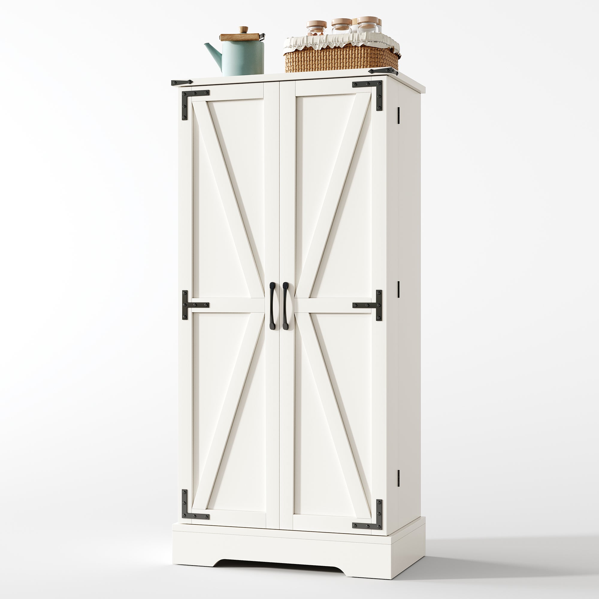 Meuble de cuisine blanc de style campagnard, 128,5 cm, avec éclairage LED. 2 portes à charnières et étagères réglables. - 2