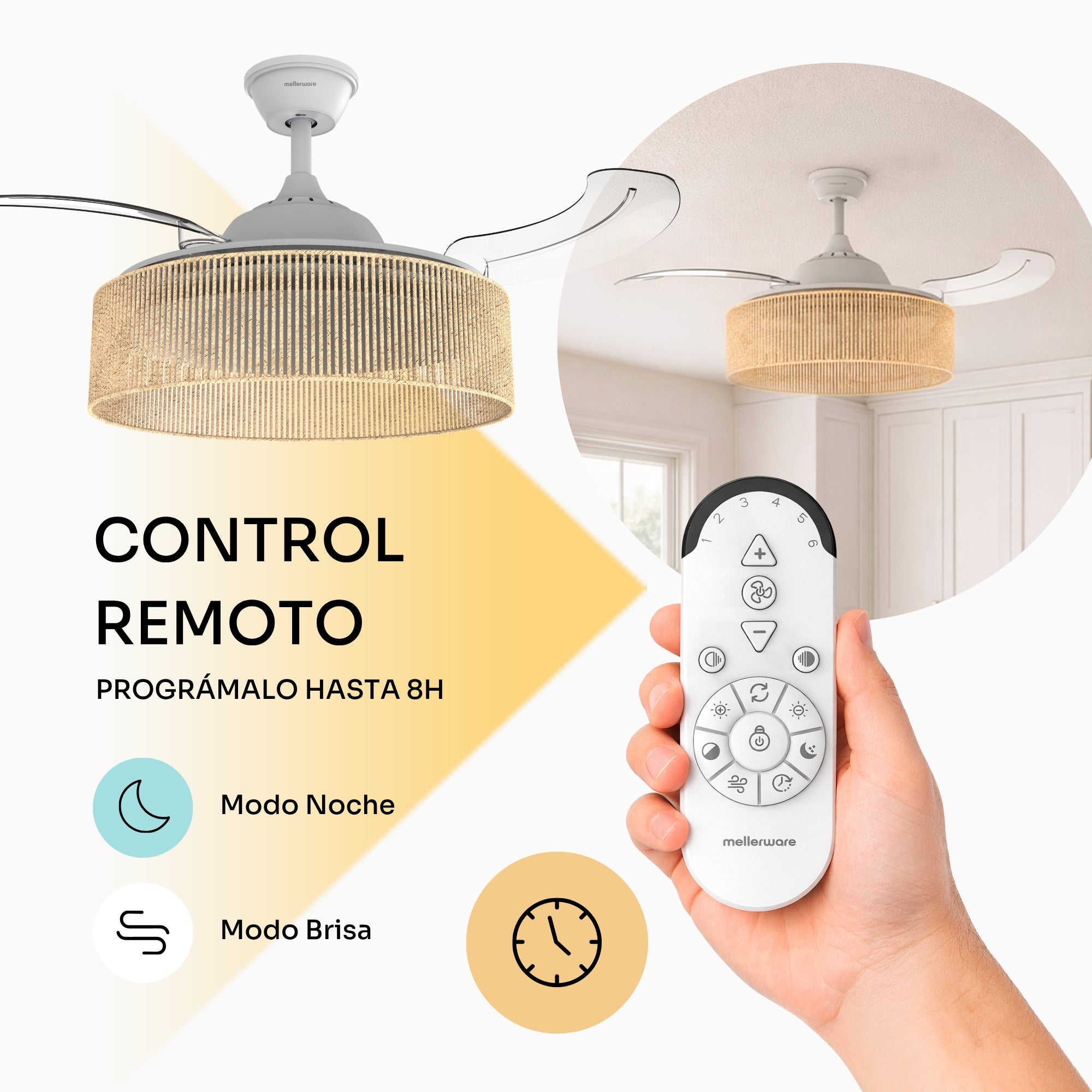 Mellerware - Ventoinha de teto LED regulável Brizy Bright Rattan Sand, acolhedora, verão/inverno, temporizador 8h, até 25 m², para tetos inclinados - 4