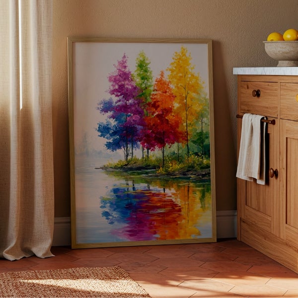 Tableau Toile Paysage Asiatique Avec Chat - 50x70 Cm - Art Décoratif Multicolore - Neuf Encadré