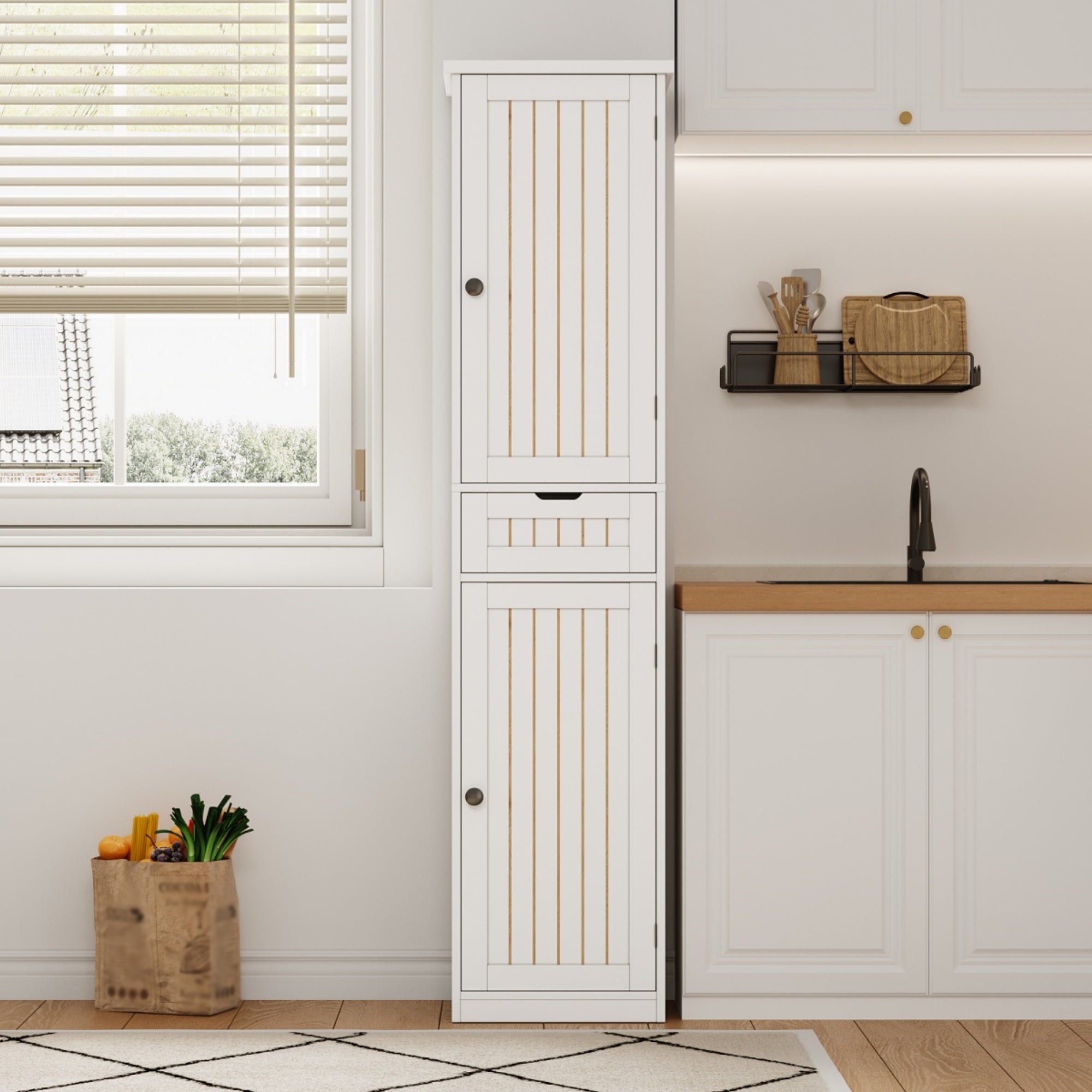 Colonne de rangement avec 2 portes, 1 tiroir et 4 étagères réglables, buffet de cuisine - 40 x 30 x 170 cm - MDF - Blanc - 9